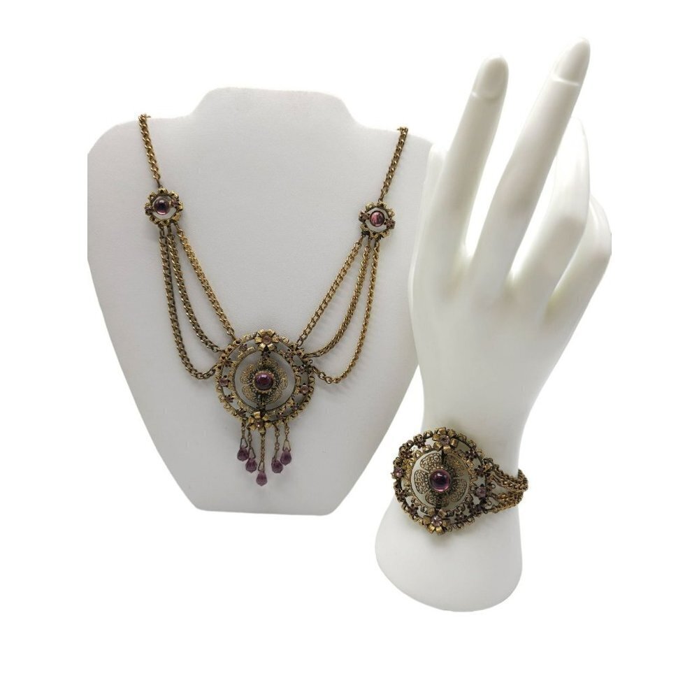 Czechoslovakia Art Nouveau Purple Glass Festoon Necklace Bracelet Brass Set